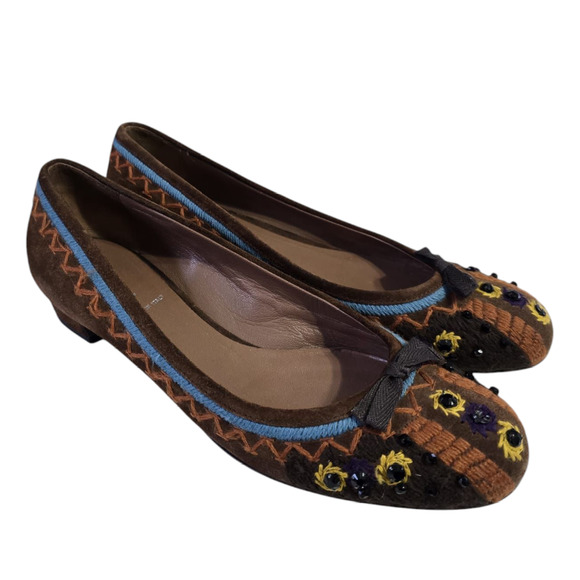 Miu Miu Shoes - Brown Suede Miu Miu crystal embroidered Kitten heel sz 8